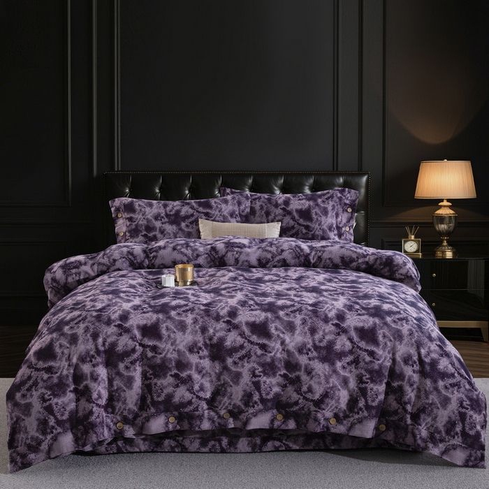 91家纺网 家纺一手货源 找家纺 双层纱家居 2026新款全棉纯棉色织提花双层纱纽扣款四件套-谜韵莎华 谜韵莎华-紫色