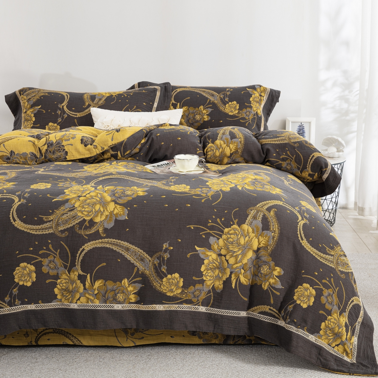 91家纺网 家纺一手货源 找家纺 （总）双层纱家居 2026新款镂空加宽飞边全棉纯棉色织提花双层纱四件套-芳华