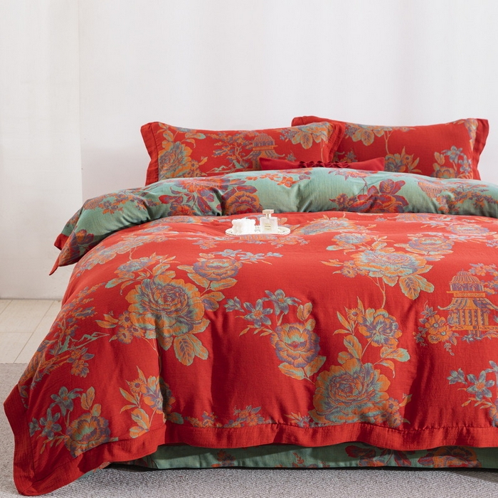 （总）双层纱家居 2026新款全棉纯棉色织提花拼角飞边款四件套-英伦城堡v正红