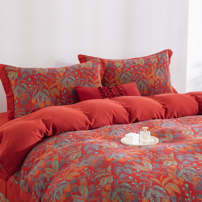 91家纺网 家纺一手货源 找家纺 （总）双层纱家居 2026新款全棉纯棉色织提花拼角飞边款四件套-郁金花园正红