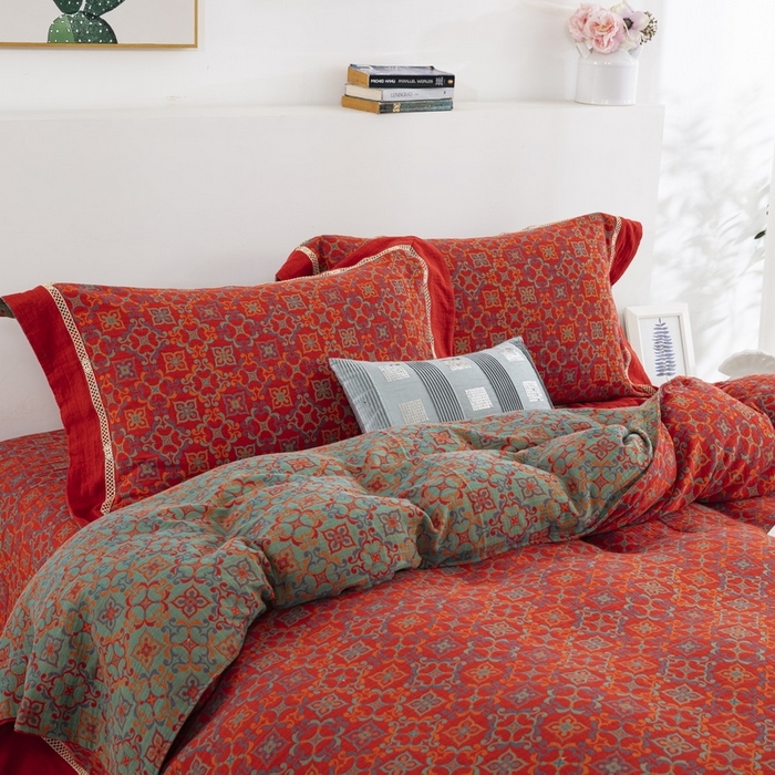 91家纺网 家纺一手货源 找家纺 （总）双层纱家居 2026新款镂空飞边款四件套-鸳鸯锦红色