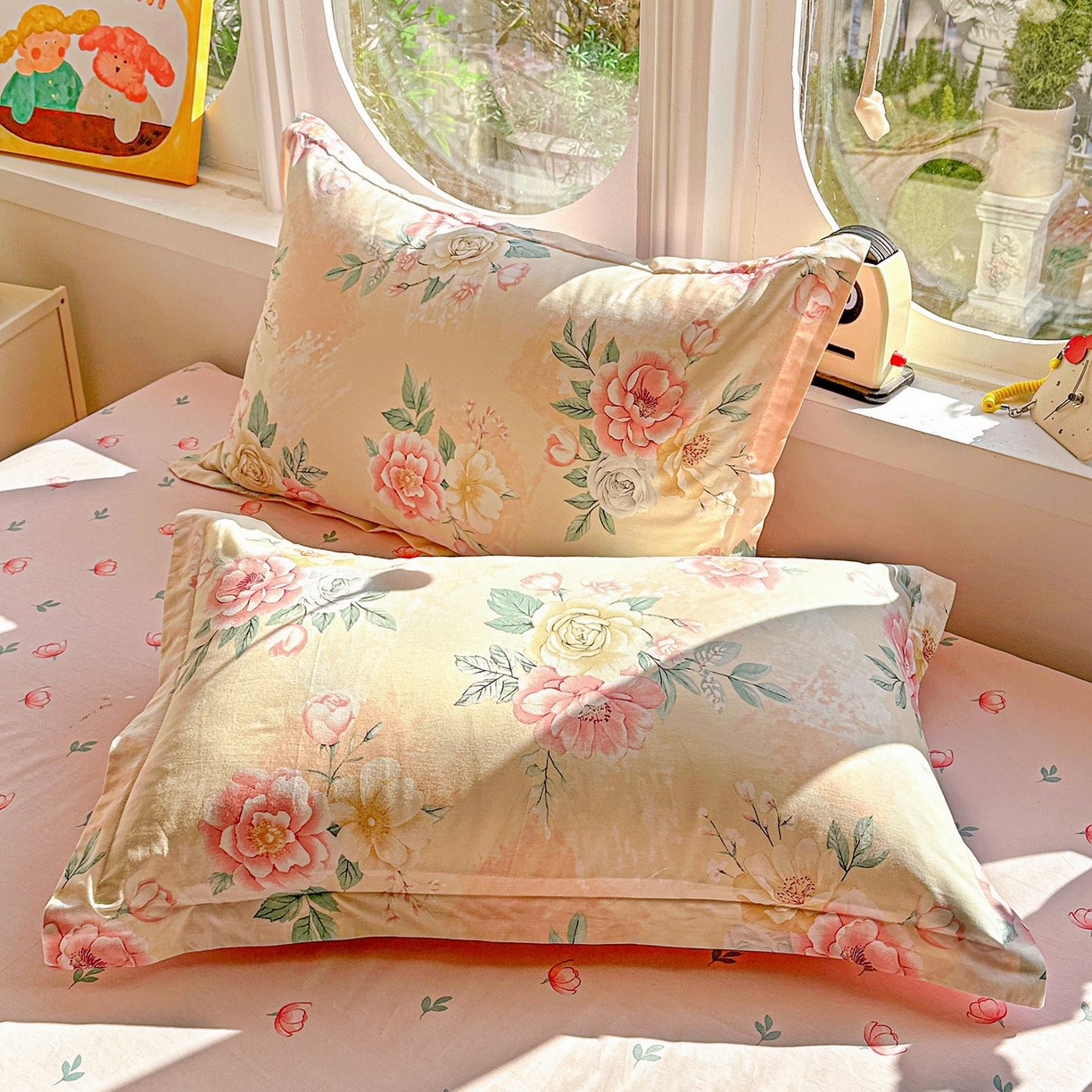 91家纺网 家纺一手货源 找家纺 恩泽家纺 2026新款13372ins全棉印花四件套单品系列-单枕套 晨曦海棠