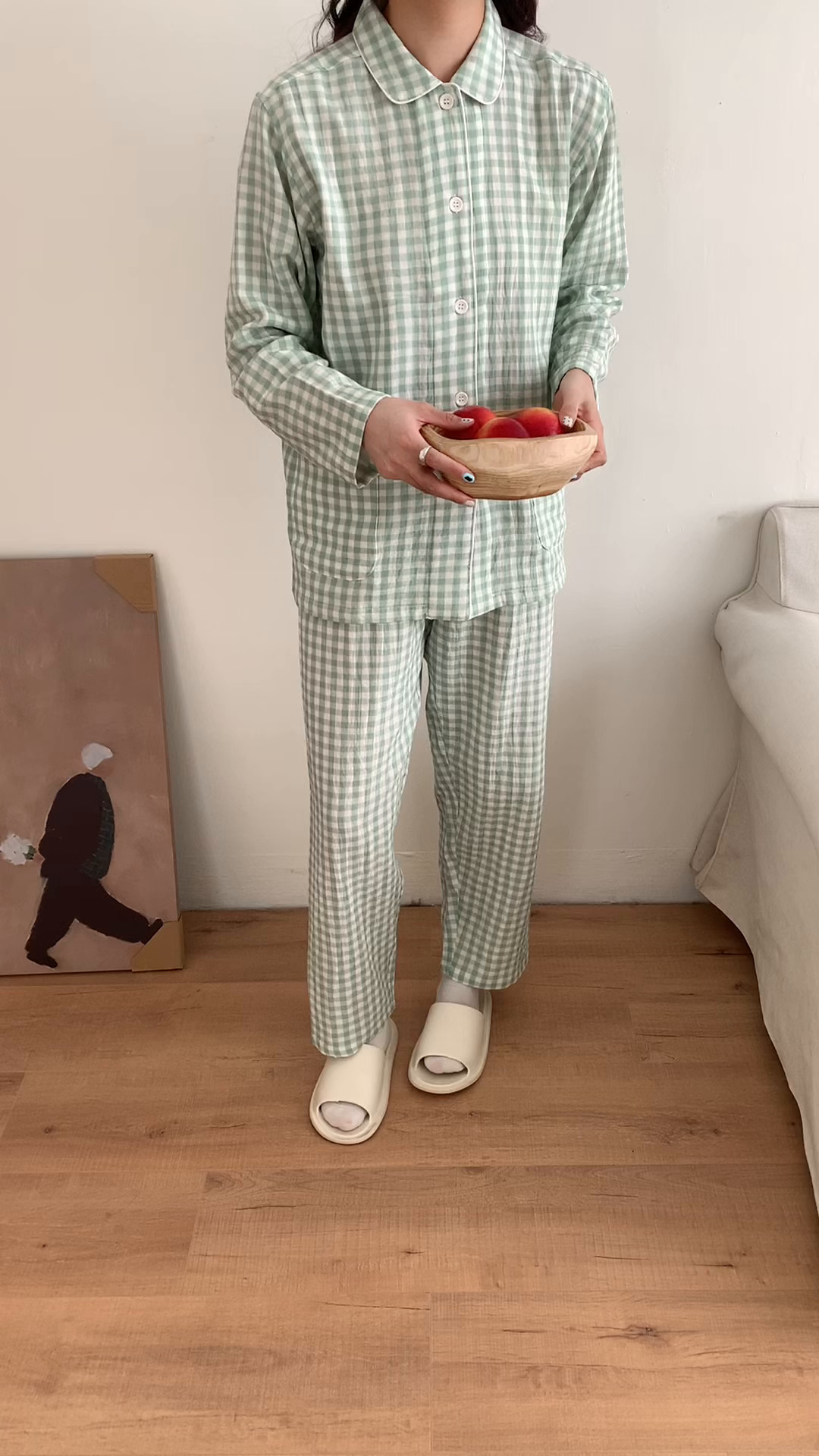 91家纺网 家纺一手货源 找家纺 双层纱家居 2026新款全棉色织提花糖果双层纱睡衣 女款-绿小格