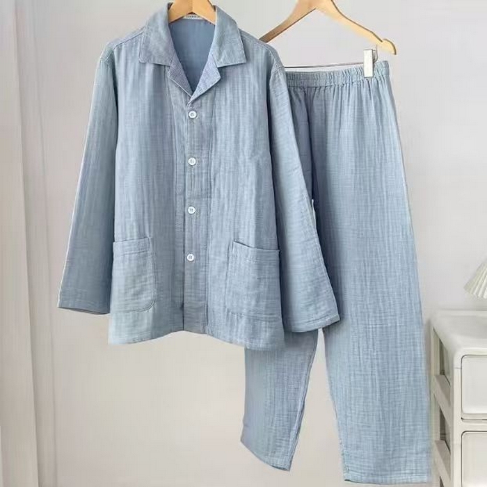 91家纺网 家纺一手货源 找家纺 双层纱家居 2026新款全棉色织精梳赛罗精密纺糖果四层纱睡衣 女款-蓝色