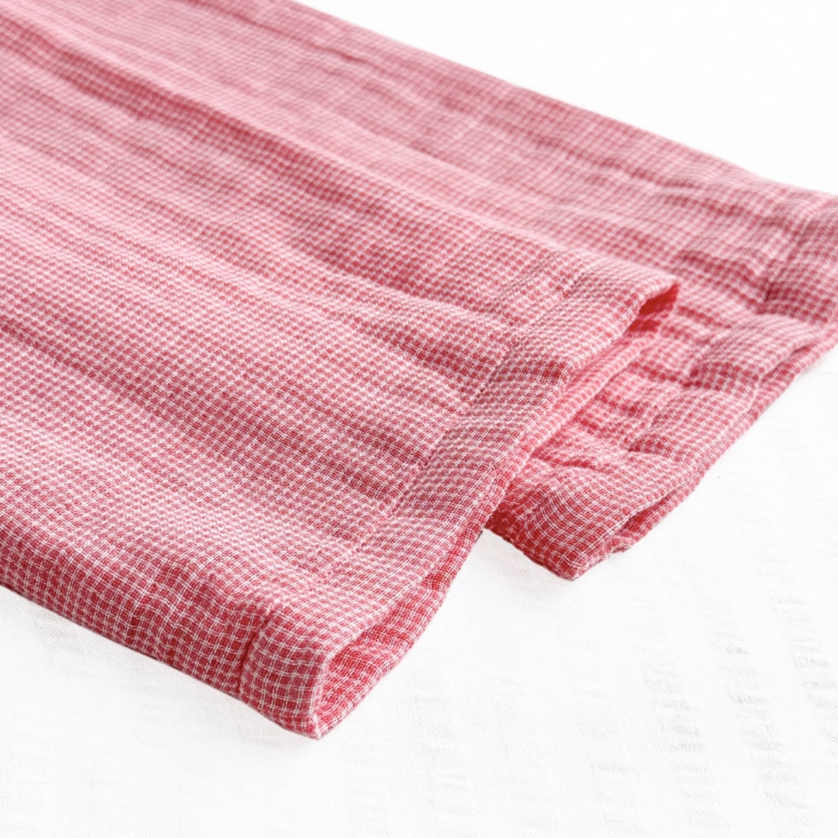 91家纺网 家纺一手货源 找家纺 双层纱家居 2026新款全棉色织精梳赛罗精密纺糖果四层纱睡衣 女款-西瓜红