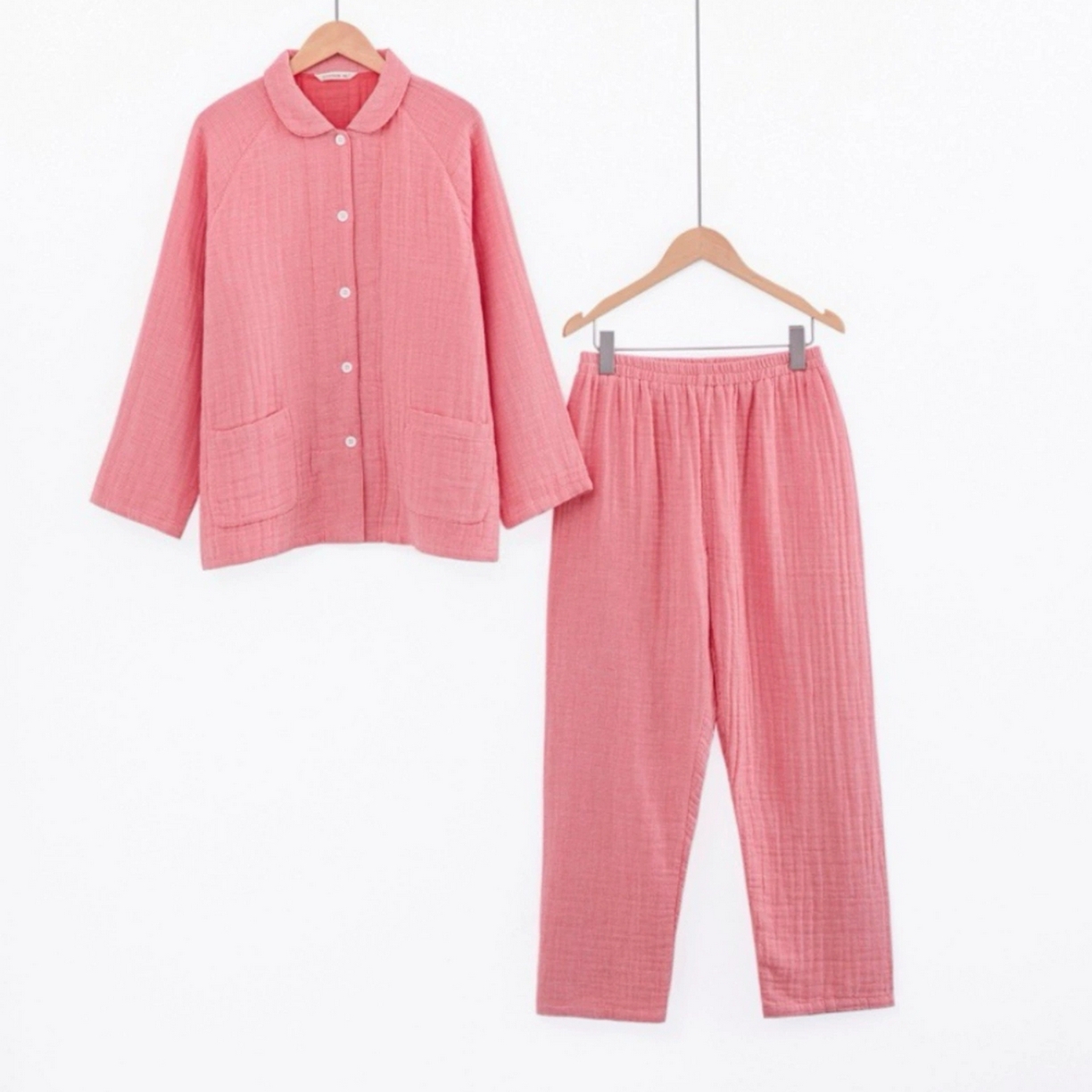 双层纱家居 2026新款全棉色织精梳赛罗精密纺糖果四层纱睡衣 女款-西瓜红