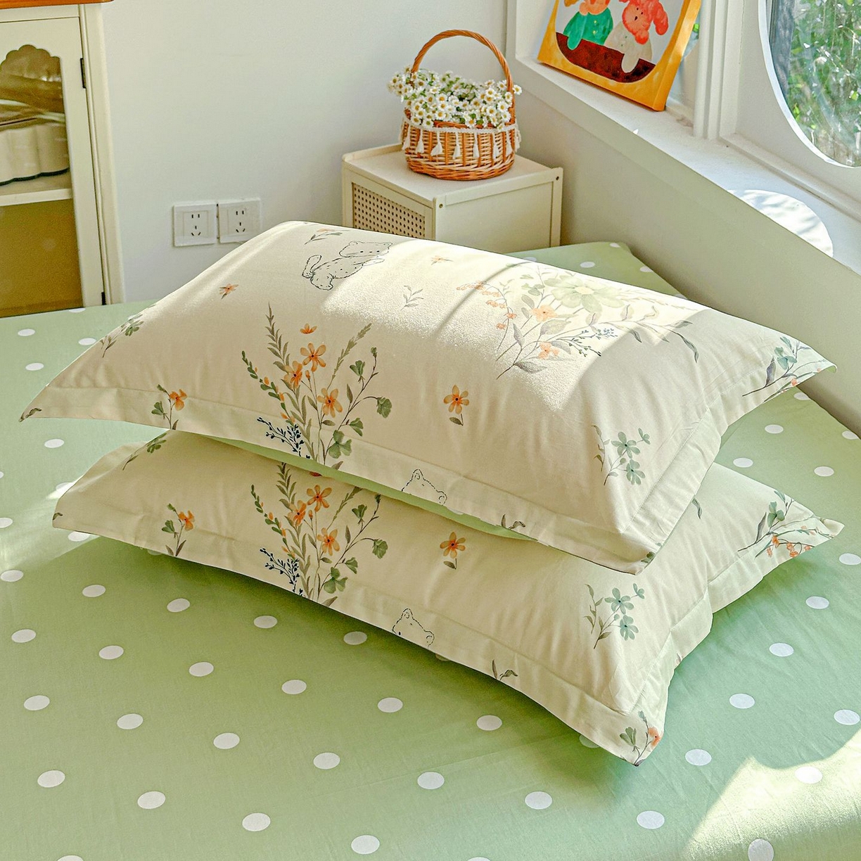 91家纺网 家纺一手货源 找家纺 恩泽家纺 2026新款13372ins全棉印花四件套单品系列-单枕套 半月时光