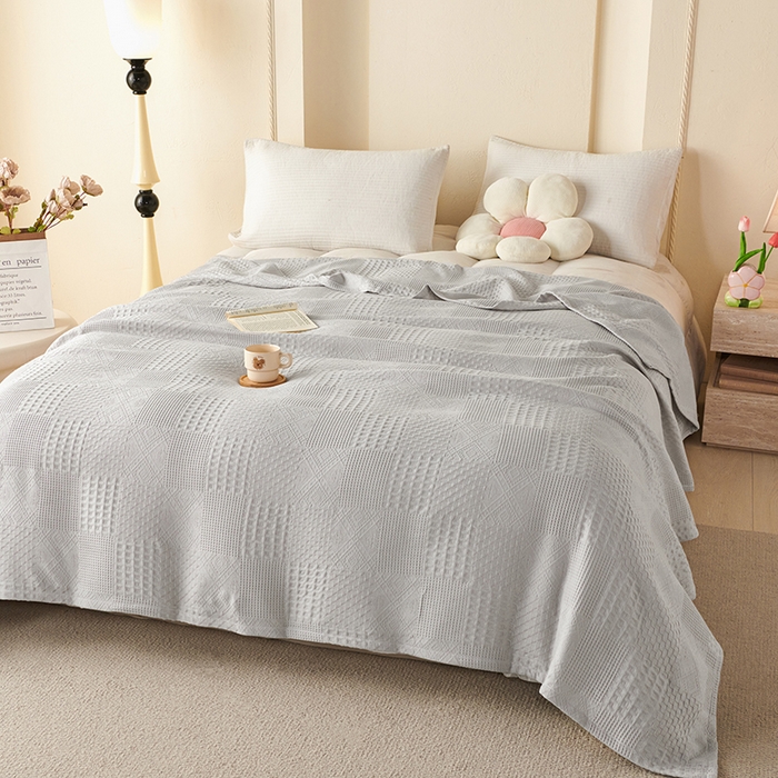 91家纺网 家纺一手货源 找家纺 悦然毛巾被 2026新款华夫格全棉纱布毛巾被夏凉被空调被 静居织语浅灰