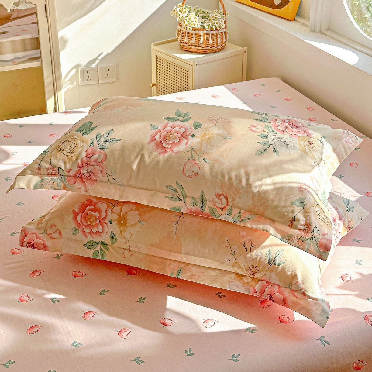 91家纺网 家纺一手货源 找家纺 恩泽家纺 2026新款13372ins全棉印花四件套单品系列-单枕套 晨曦海棠