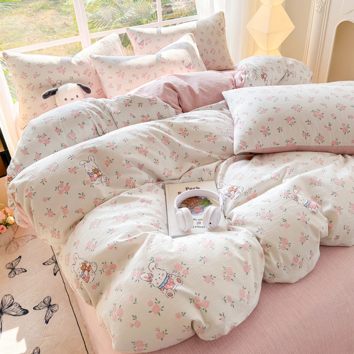 91家纺网 家纺一手货源 找家纺 王朝国际 2026新款时尚印花棉纱四件套 花小兔