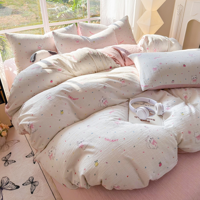 91家纺网 家纺一手货源 找家纺 王朝国际 2026新款时尚印花棉纱四件套 奶芙喵