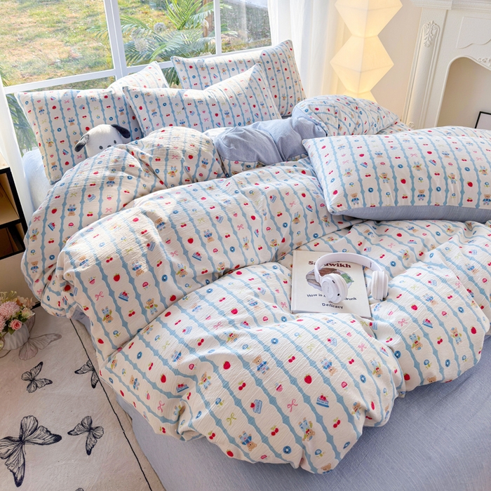 91家纺网 家纺一手货源 找家纺 王朝国际 2026新款时尚印花棉纱四件套 小熊派对