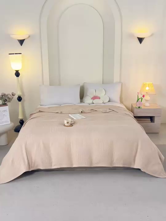 91家纺网 家纺一手货源 找家纺 悦然毛巾被 2026新款华夫格全棉纱布毛巾被夏凉被空调被 静居织语咖啡