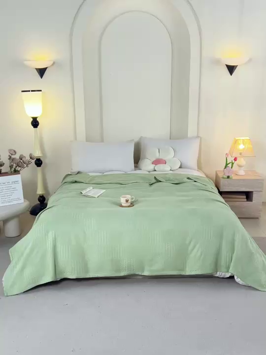 91家纺网 家纺一手货源 找家纺 悦然毛巾被 2026新款华夫格全棉纱布毛巾被夏凉被空调被 静居织语浅绿