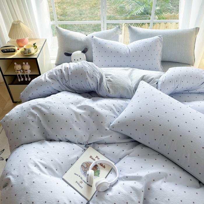 91家纺网 家纺一手货源 找家纺 王朝国际 2026新款时尚印花棉纱四件套 波点