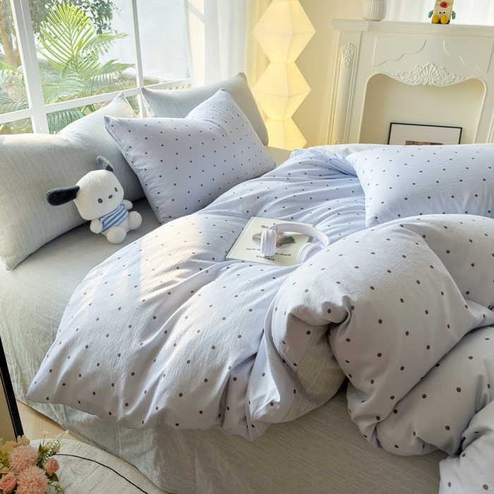 91家纺网 家纺一手货源 找家纺 王朝国际 2026新款时尚印花棉纱四件套 波点