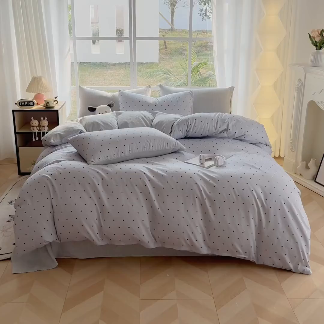 91家纺网 家纺一手货源 找家纺 王朝国际 2026新款时尚印花棉纱四件套 波点