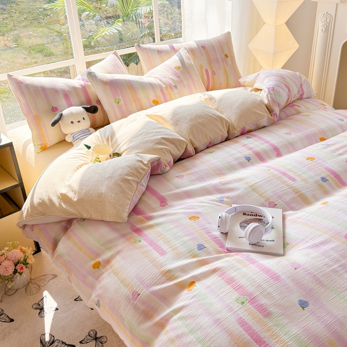 91家纺网 家纺一手货源 找家纺 王朝国际 2026新款时尚印花棉纱四件套 彩色波点