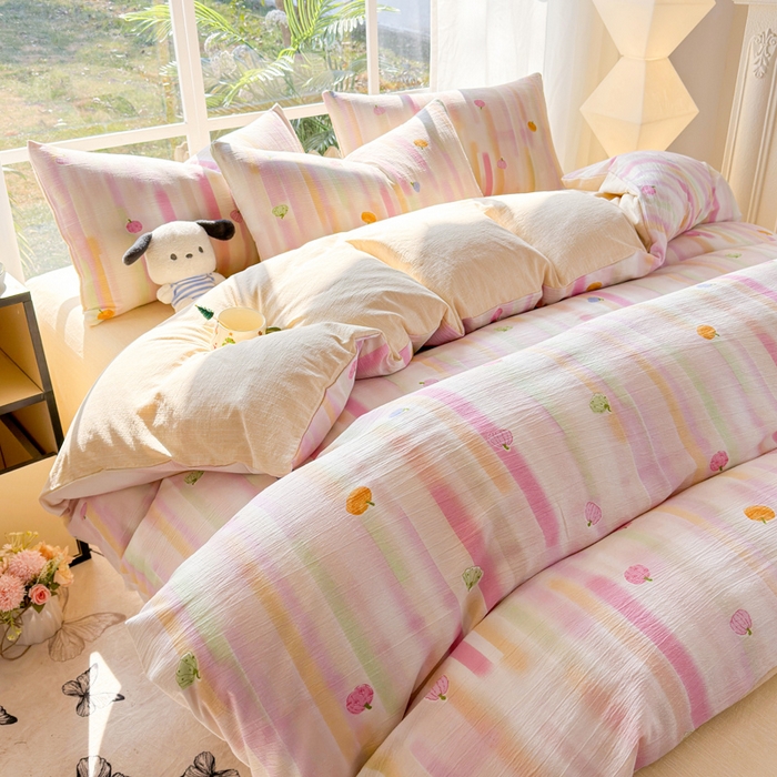 91家纺网 家纺一手货源 找家纺 王朝国际 2026新款时尚印花棉纱四件套 彩色波点