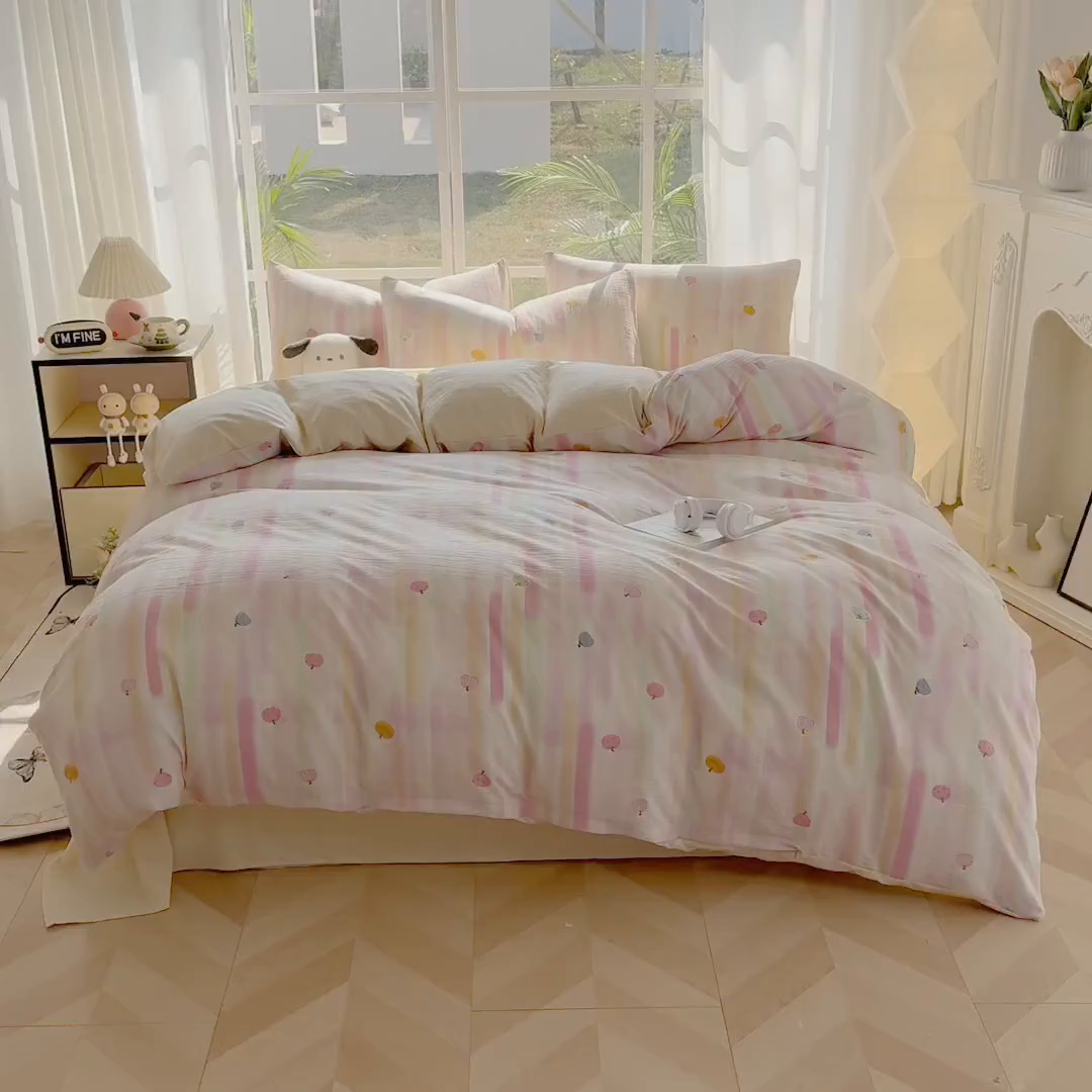 91家纺网 家纺一手货源 找家纺 王朝国际 2026新款时尚印花棉纱四件套 彩色波点