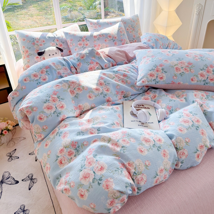 王朝国际 2026新款时尚印花棉纱四件套 粉玫