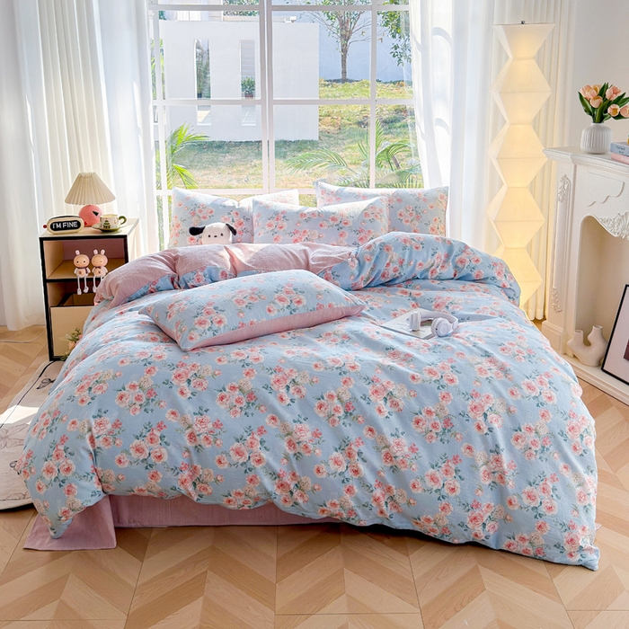 91家纺网 家纺一手货源 找家纺 王朝国际 2026新款时尚印花棉纱四件套 粉玫