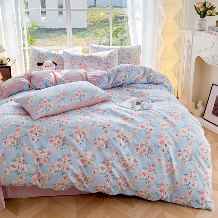 91家纺网 家纺一手货源 找家纺 王朝国际 2026新款时尚印花棉纱四件套 粉玫