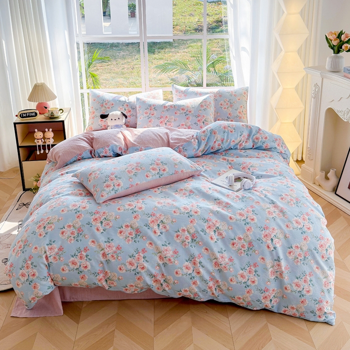 91家纺网 家纺一手货源 找家纺 王朝国际 2026新款时尚印花棉纱四件套 粉玫