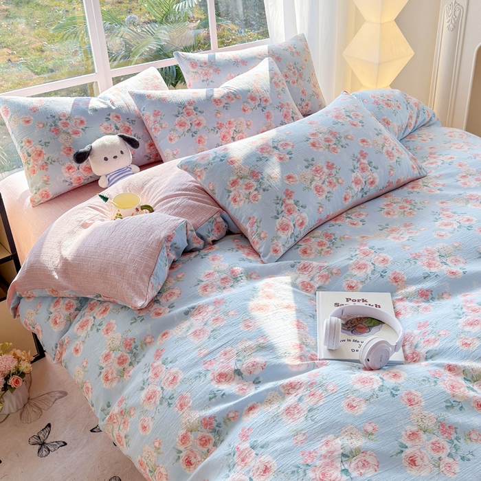 91家纺网 家纺一手货源 找家纺 王朝国际 2026新款时尚印花棉纱四件套 粉玫