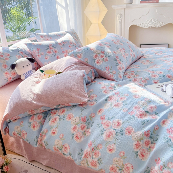 91家纺网 家纺一手货源 找家纺 王朝国际 2026新款时尚印花棉纱四件套 粉玫