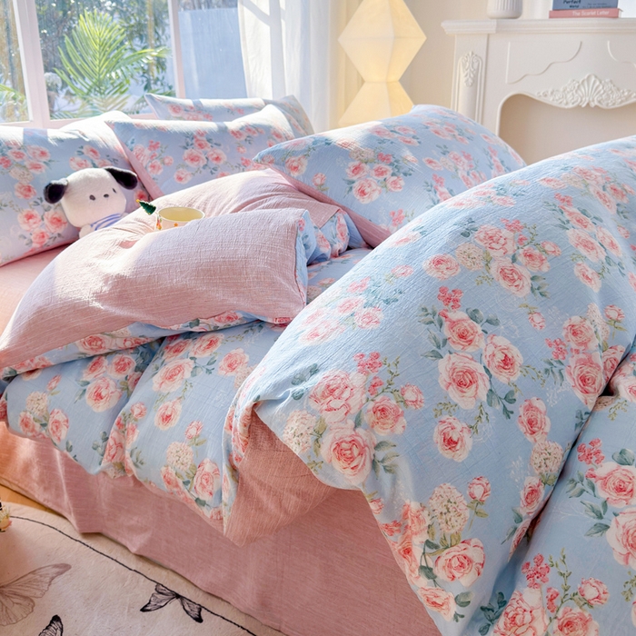 91家纺网 家纺一手货源 找家纺 王朝国际 2026新款时尚印花棉纱四件套 粉玫