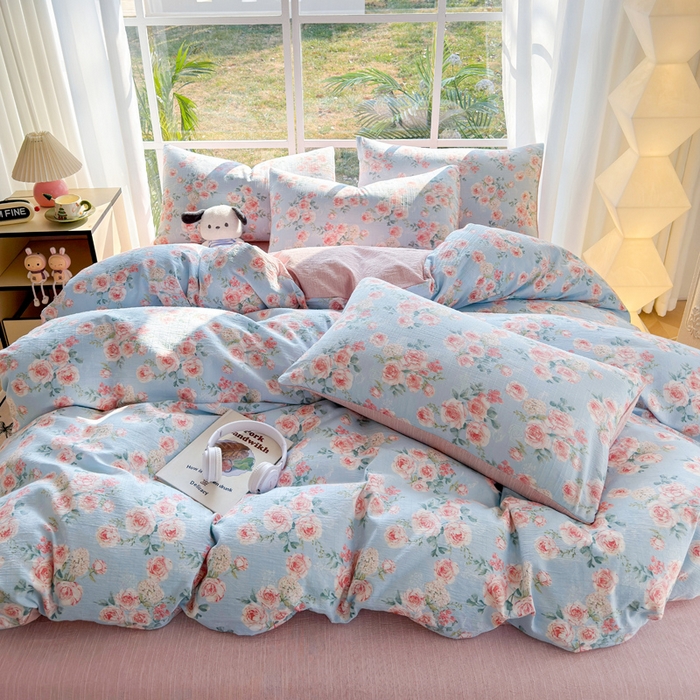 91家纺网 家纺一手货源 找家纺 王朝国际 2026新款时尚印花棉纱四件套 粉玫