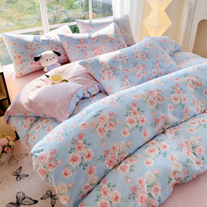 91家纺网 家纺一手货源 找家纺 王朝国际 2026新款时尚印花棉纱四件套 粉玫