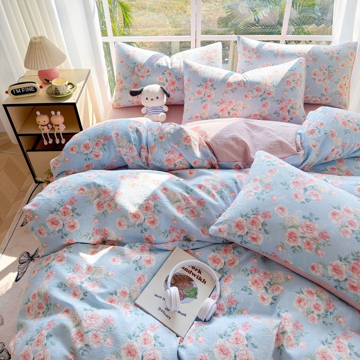 91家纺网 家纺一手货源 找家纺 王朝国际 2026新款时尚印花棉纱四件套 粉玫