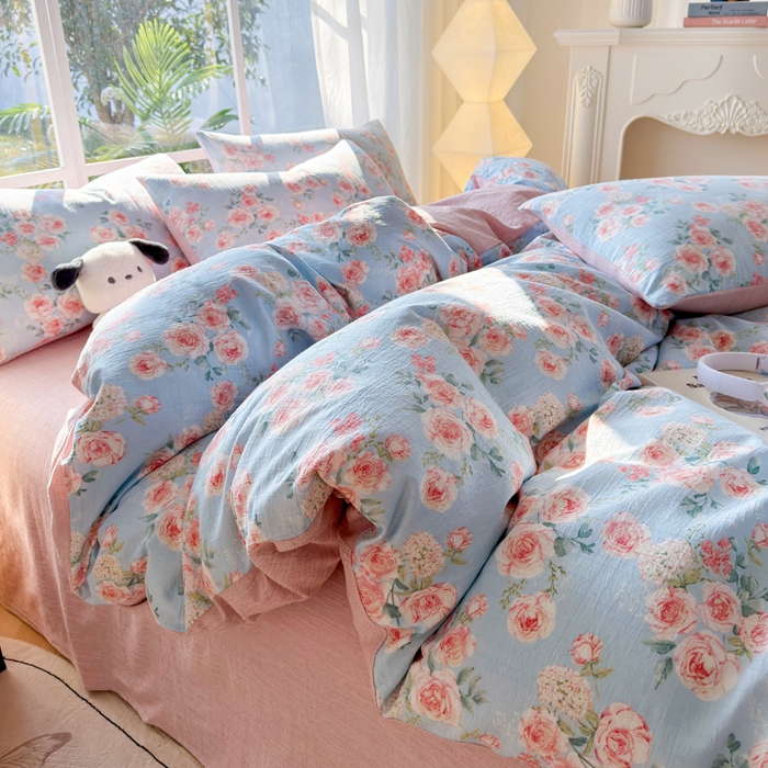 91家纺网 家纺一手货源 找家纺 王朝国际 2026新款时尚印花棉纱四件套 粉玫