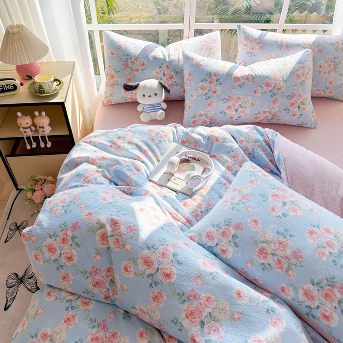 91家纺网 家纺一手货源 找家纺 王朝国际 2026新款时尚印花棉纱四件套 粉玫