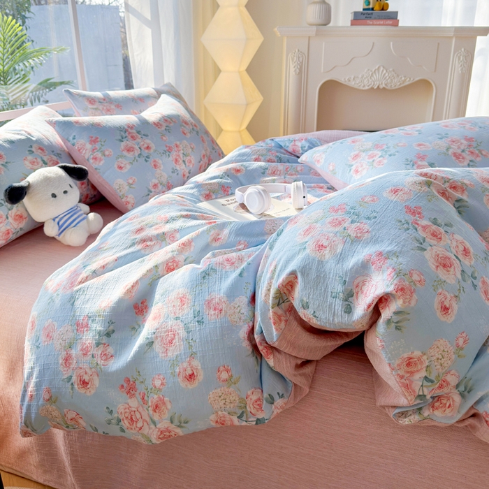 91家纺网 家纺一手货源 找家纺 王朝国际 2026新款时尚印花棉纱四件套 粉玫