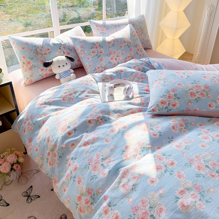 91家纺网 家纺一手货源 找家纺 王朝国际 2026新款时尚印花棉纱四件套 粉玫