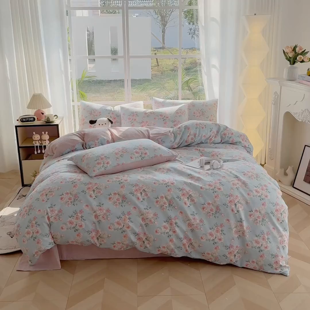 91家纺网 家纺一手货源 找家纺 王朝国际 2026新款时尚印花棉纱四件套 粉玫