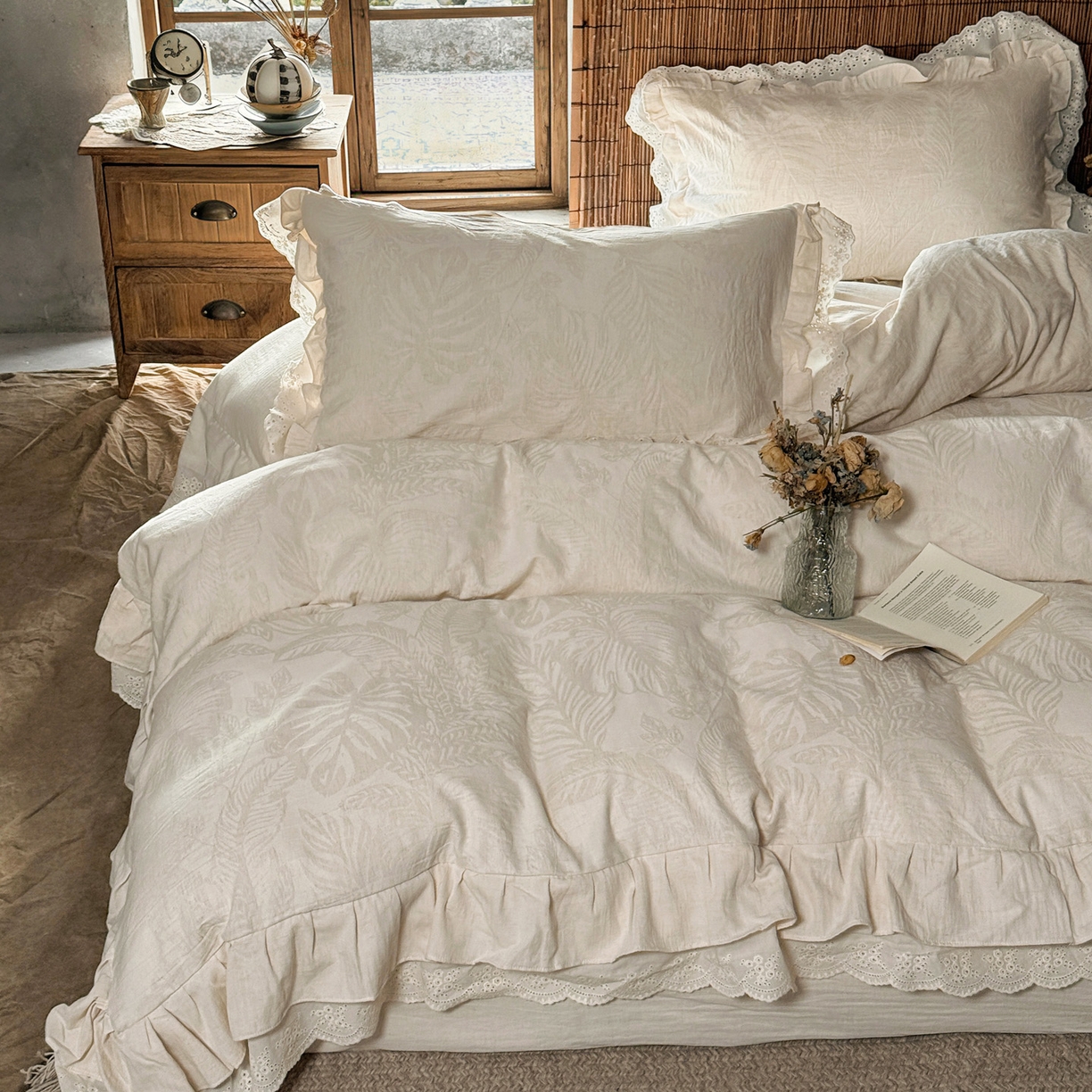 澳萝拉 2026新款A类双层花边棉麻提花四件套 仲夏叶