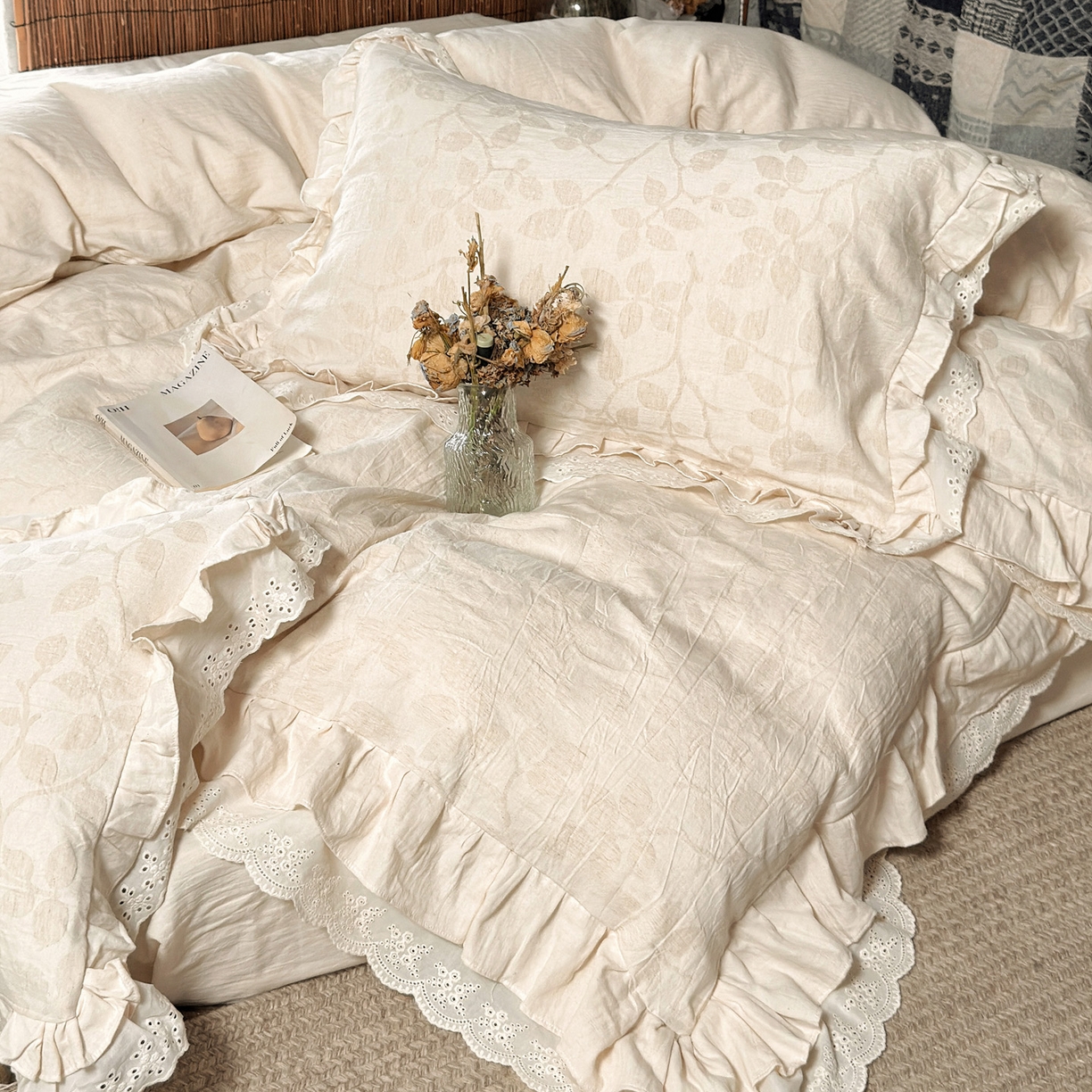 91家纺网 家纺一手货源 找家纺 澳萝拉 2026新款A类双层花边棉麻提花四件套 草木集