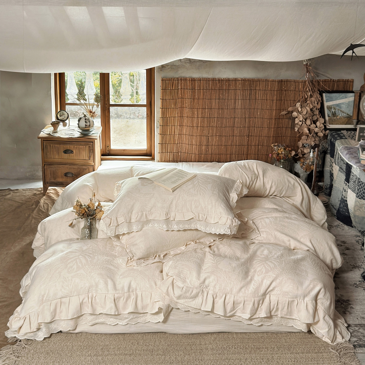 91家纺网 家纺一手货源 找家纺 澳萝拉 2026新款A类双层花边棉麻提花四件套 仲夏叶