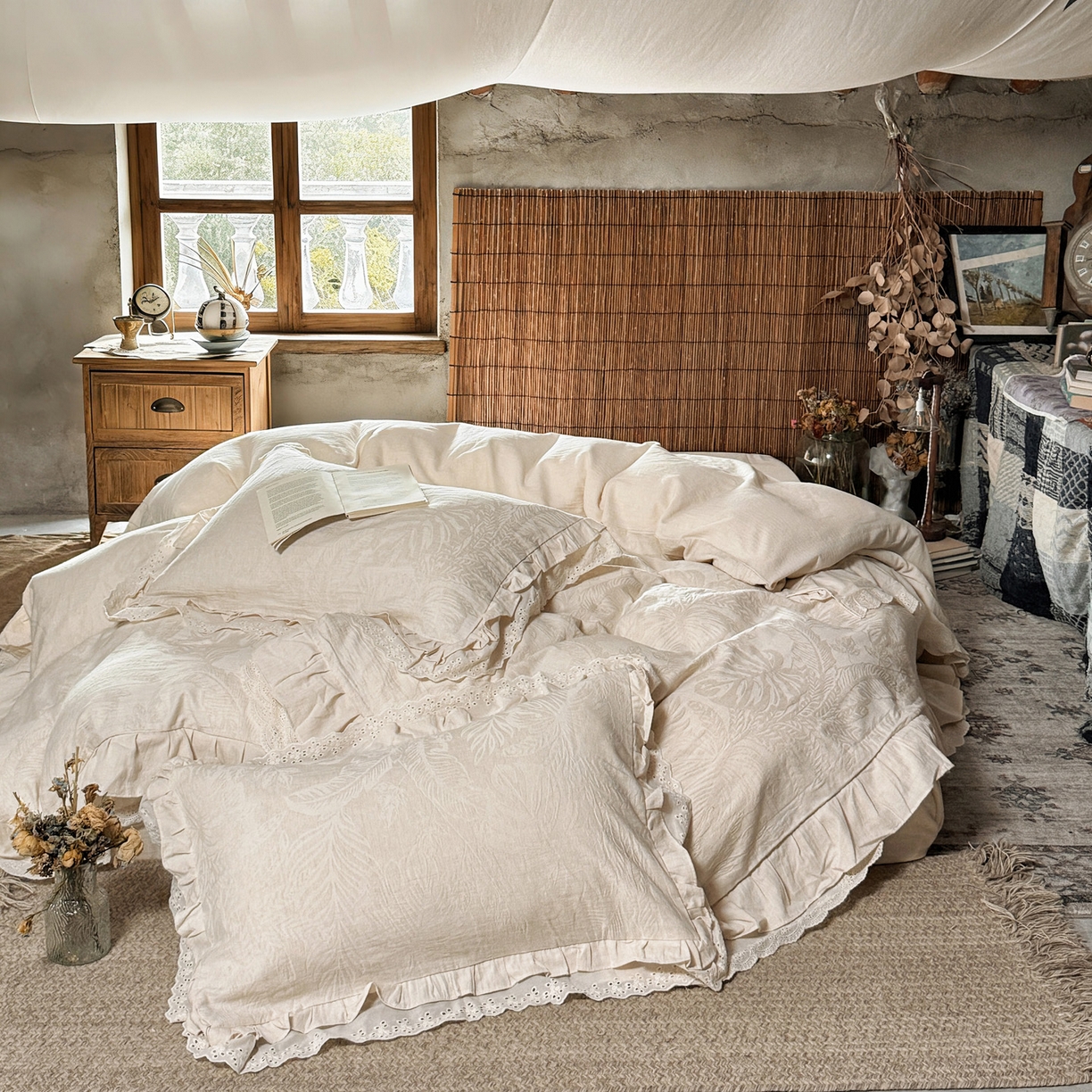 91家纺网 家纺一手货源 找家纺 澳萝拉 2026新款A类双层花边棉麻提花四件套 仲夏叶