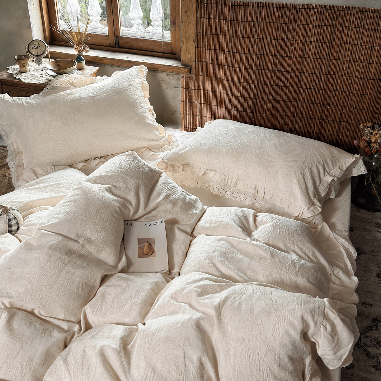 91家纺网 家纺一手货源 找家纺 澳萝拉 2026新款A类双层花边棉麻提花四件套 仲夏叶