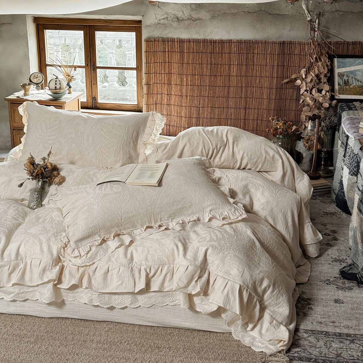 91家纺网 家纺一手货源 找家纺 澳萝拉 2026新款A类双层花边棉麻提花四件套 仲夏叶