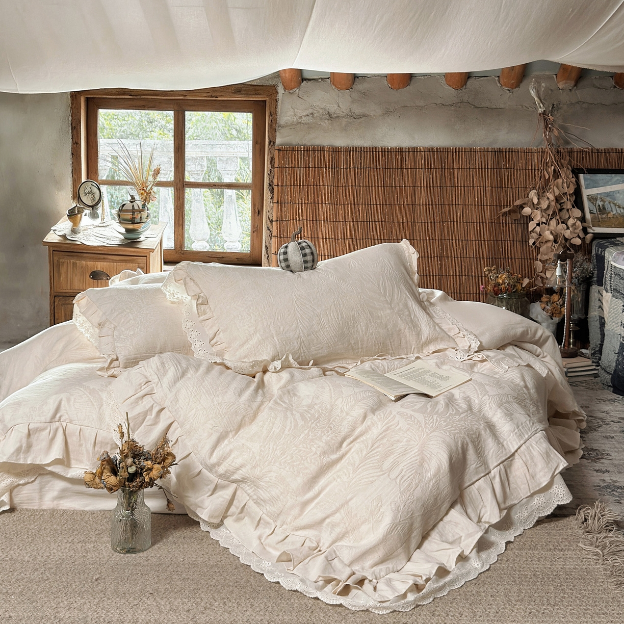 91家纺网 家纺一手货源 找家纺 澳萝拉 2026新款A类双层花边棉麻提花四件套 仲夏叶