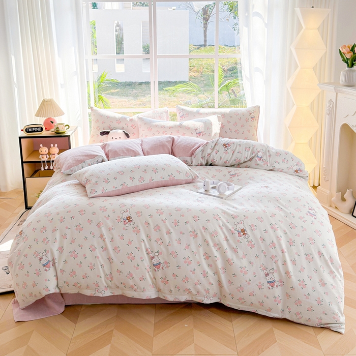 91家纺网 家纺一手货源 找家纺 王朝国际 2026新款时尚印花棉纱四件套 花小兔