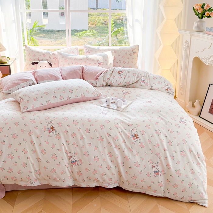 91家纺网 家纺一手货源 找家纺 王朝国际 2026新款时尚印花棉纱四件套 花小兔