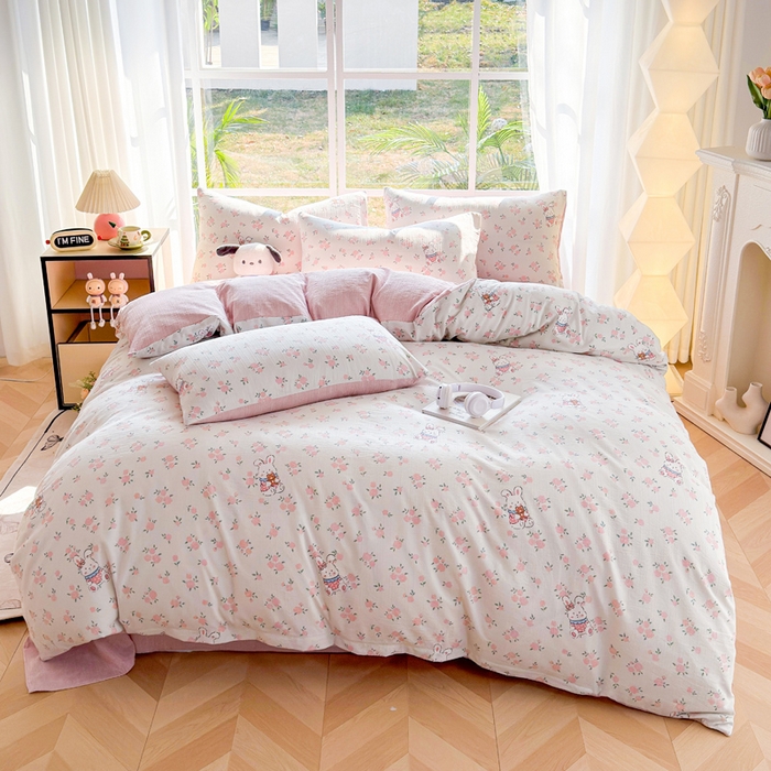 91家纺网 家纺一手货源 找家纺 王朝国际 2026新款时尚印花棉纱四件套 花小兔