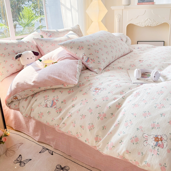 91家纺网 家纺一手货源 找家纺 王朝国际 2026新款时尚印花棉纱四件套 花小兔